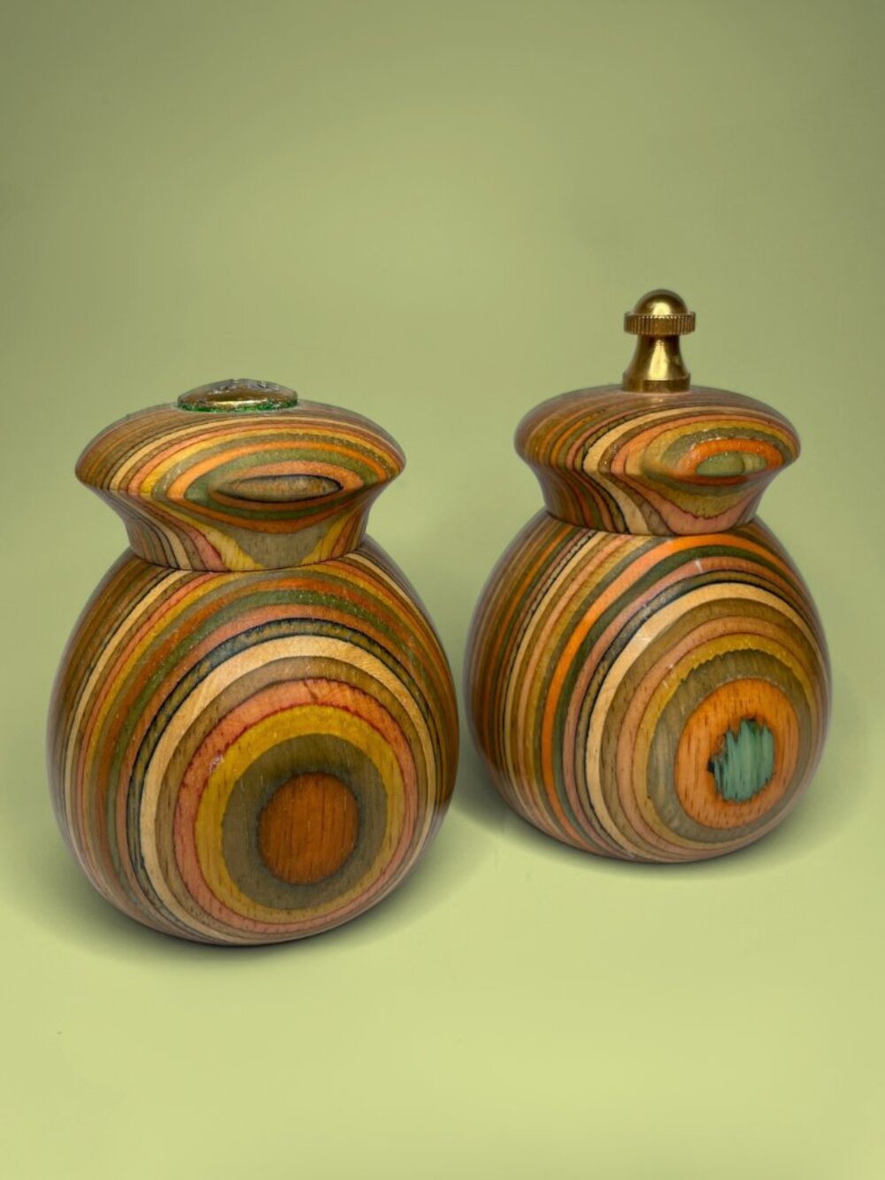 Vintage Mr. Dudley Laminated Rainbow Wood Salt Shaker & Pepper Mill Set - 1970s